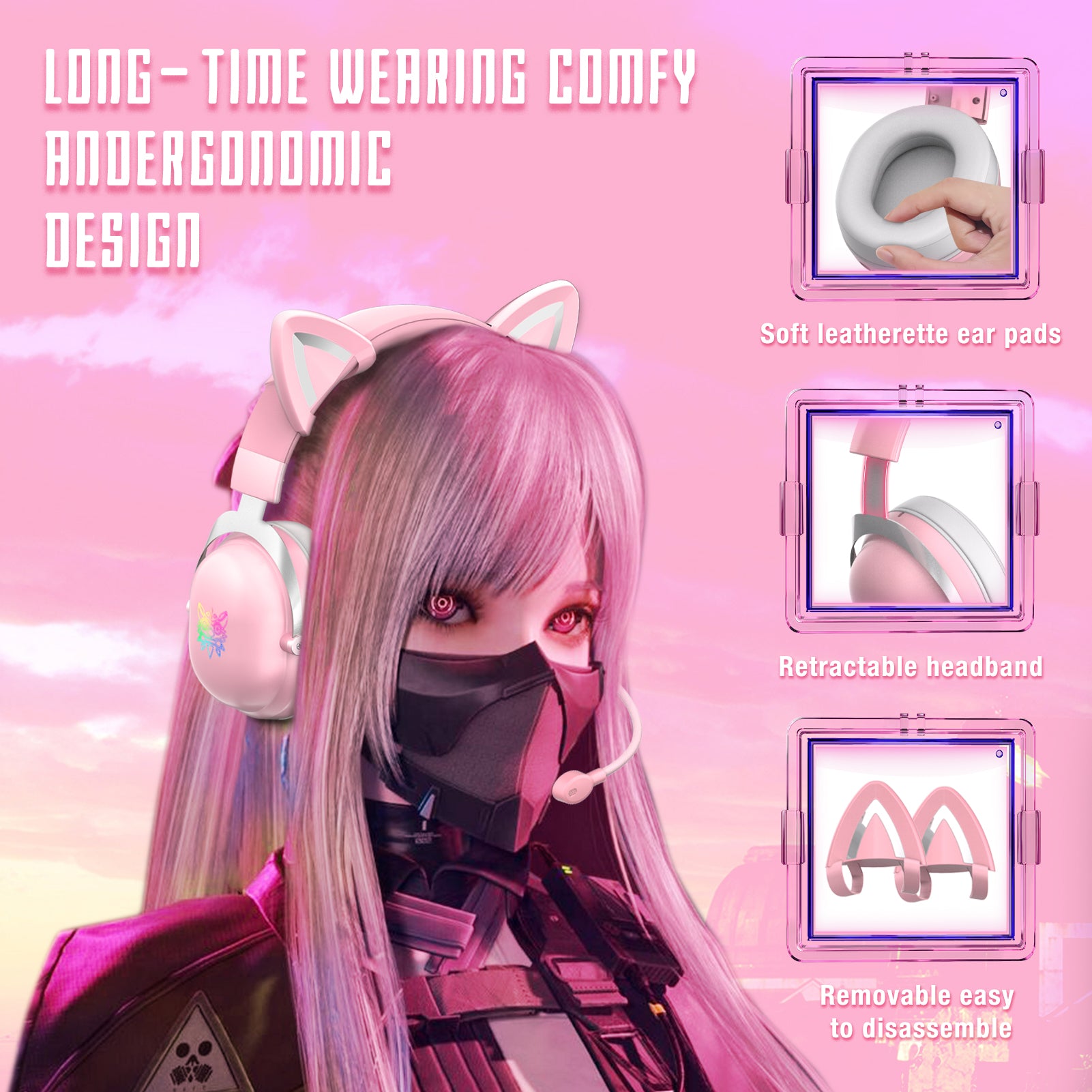 ONIKUMA X11 Gaming Headset med aftageligt Cat Ear RGB-støjreduktion over øret ONIKUMA X11 Gaming Headset med aftageligt Cat Ear RGB-støjreduktion over øret